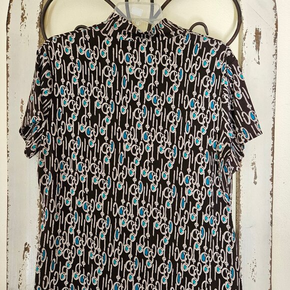 east5th Women`s Short Sleeve Brown Multi Print Keyhole Shirt Top Size L - Picture 2 of 5